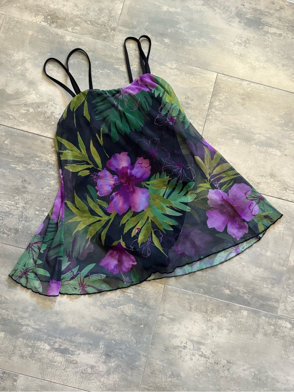 Vintage one piece bathing suit with floral mesh cover up Black and Purple